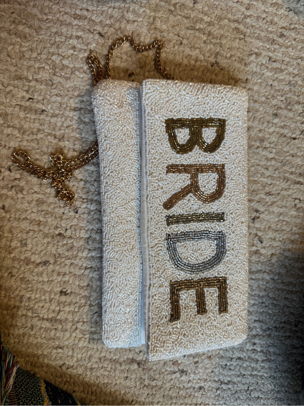 Beaded 'BRIDE' White Clutch with Gold Chain